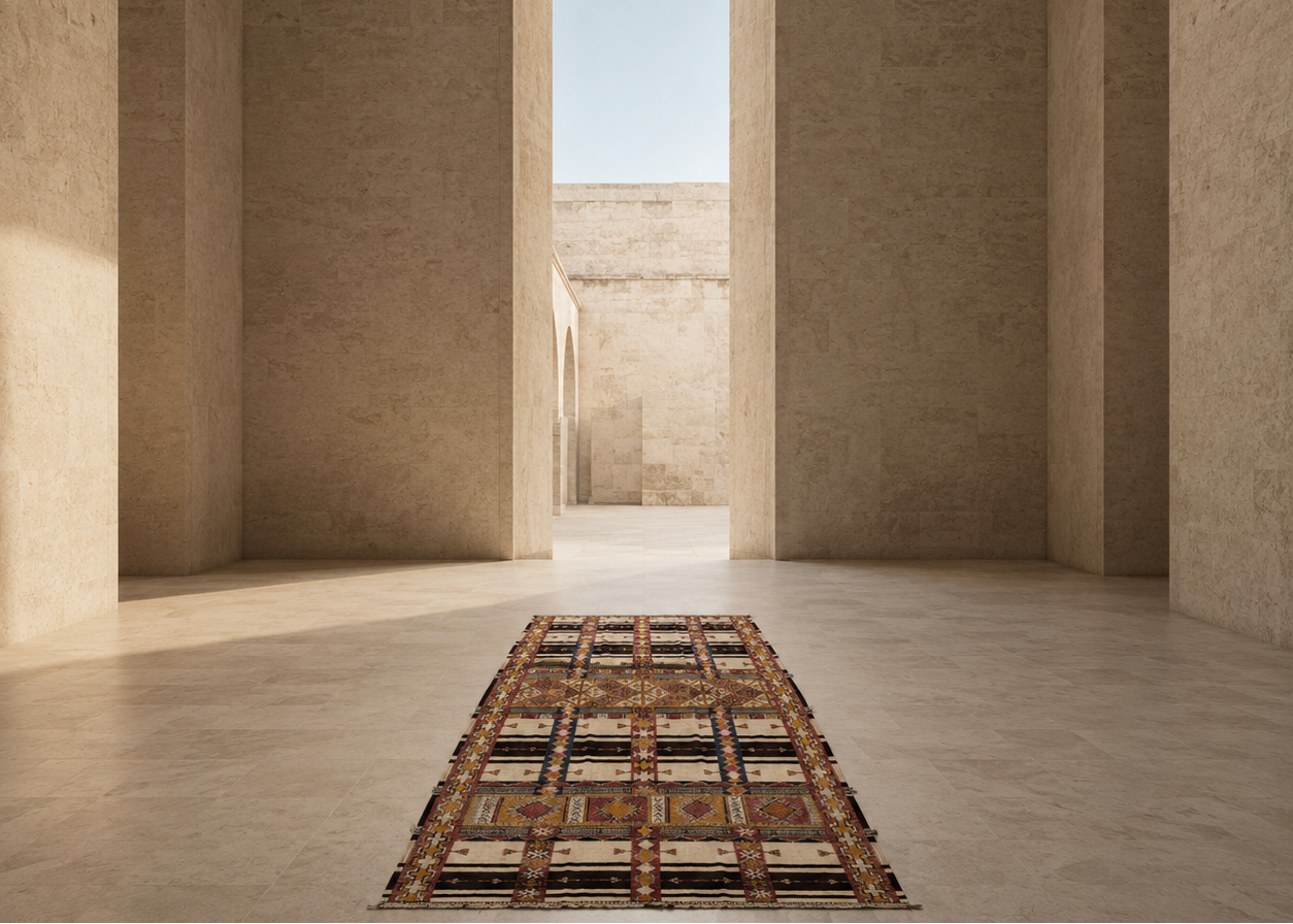 Decorative rug on a stone floor with a large open doorway leading to a bright sky.