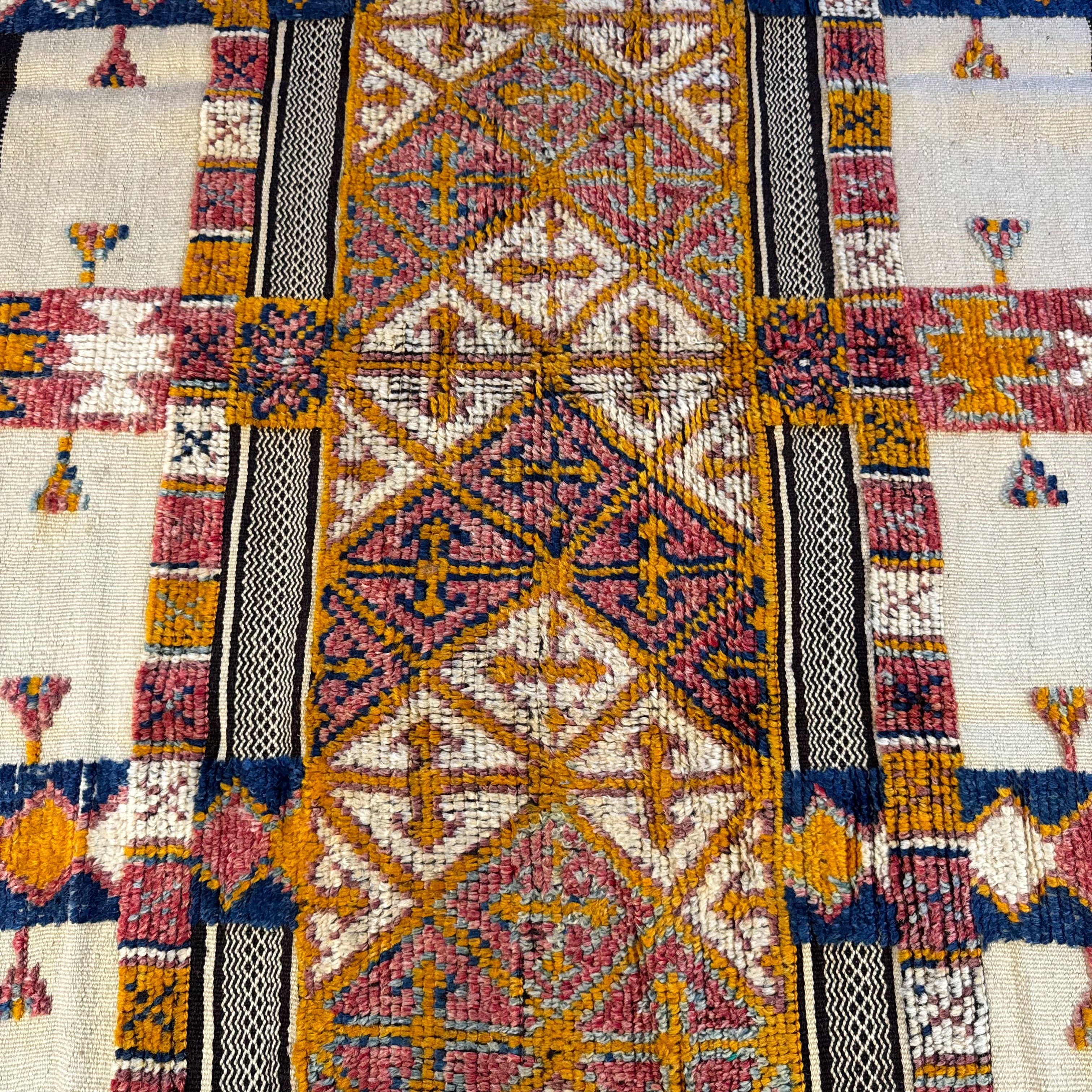 Close-up of a colorful patterned fabric with geometric designs.