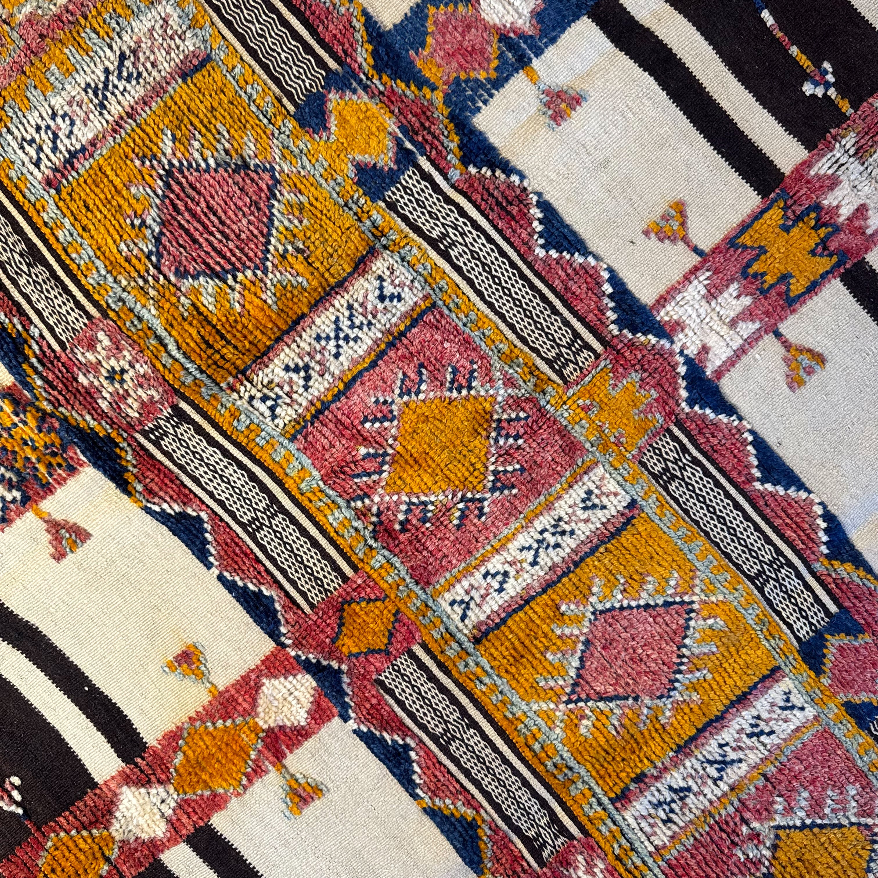Close-up of a colorful patterned fabric with geometric designs.