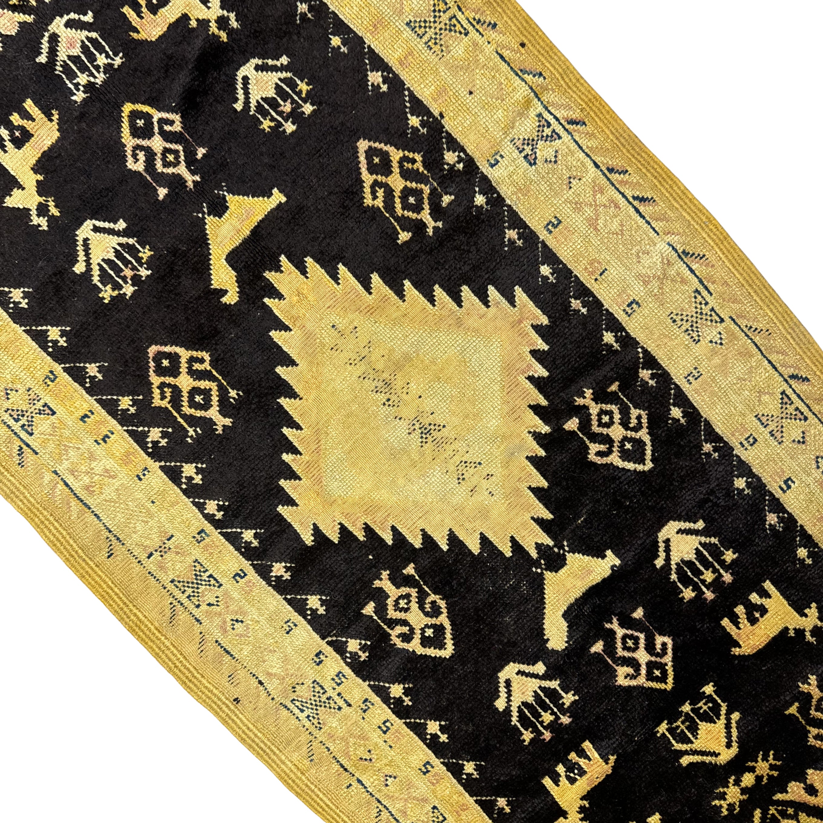 Close-up of a black fabric with gold geometric patterns