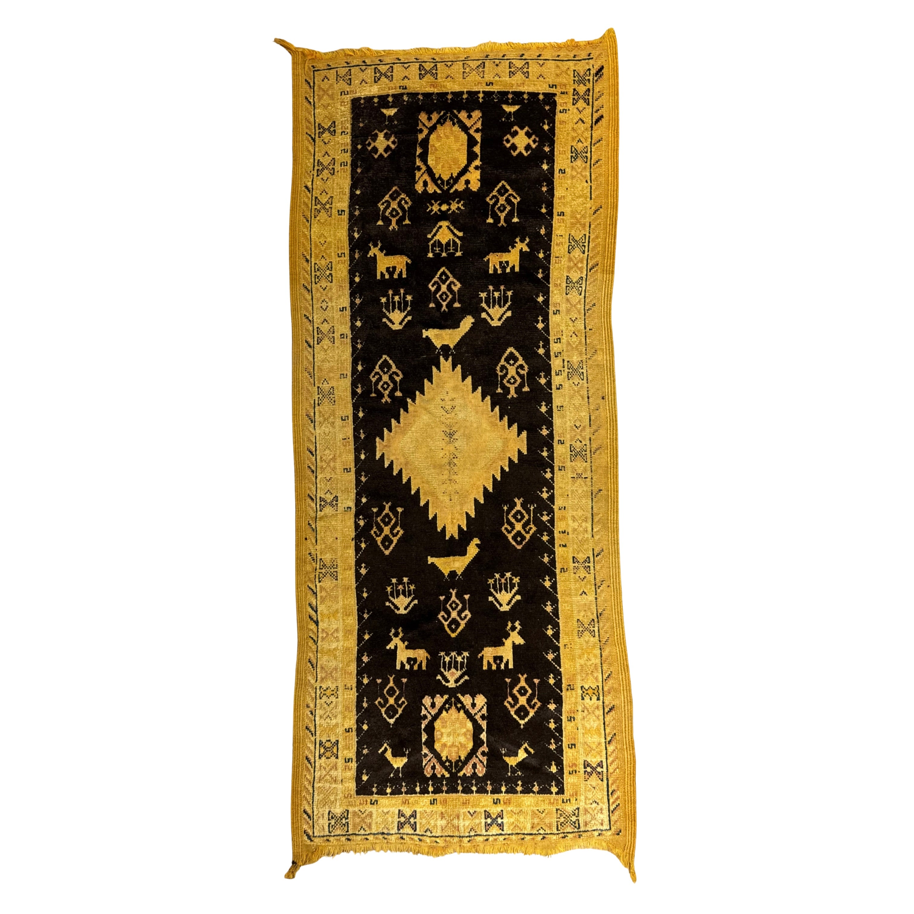 Decorative rug with geometric patterns on a black background