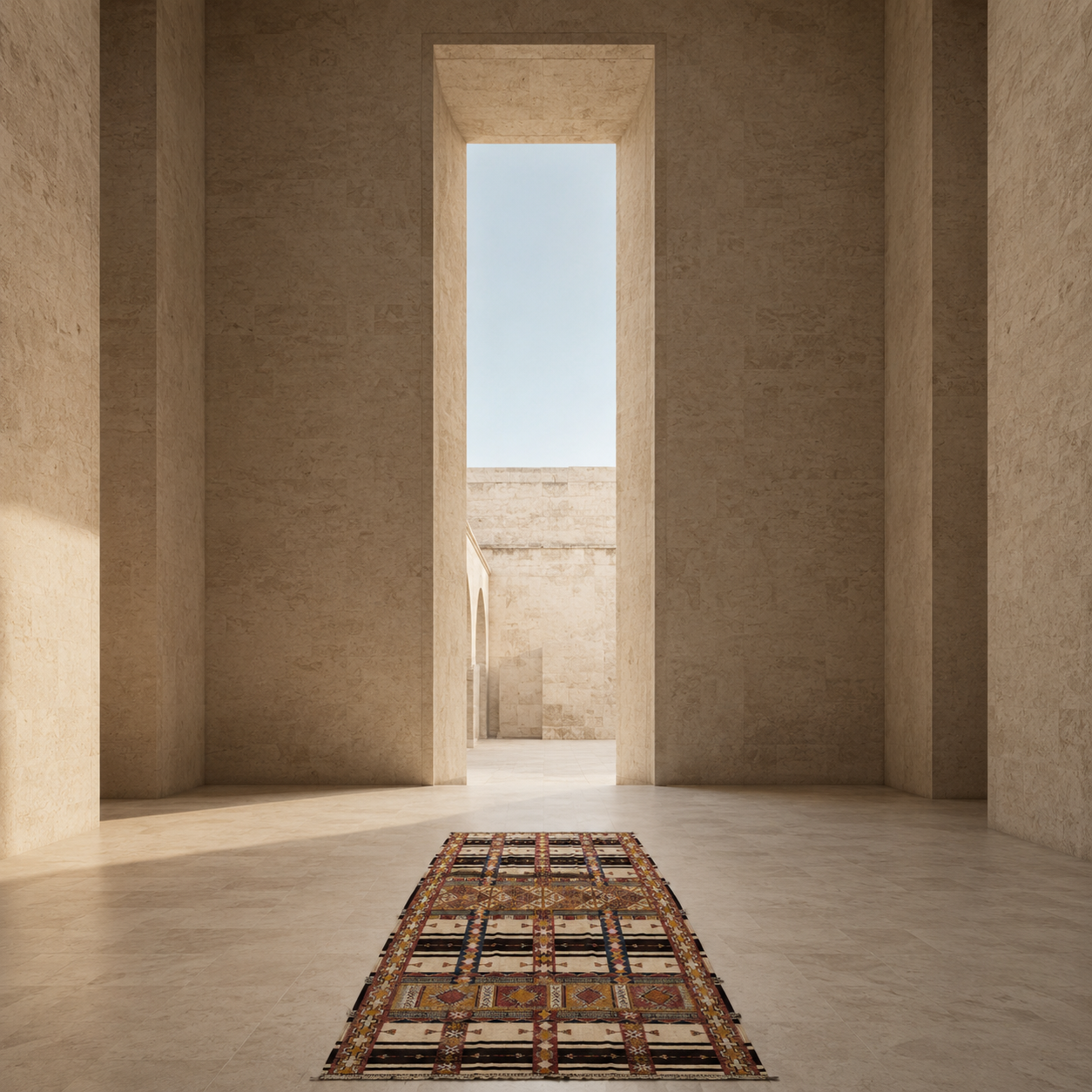 Decorative rug on a stone floor with a large open doorway leading to a bright sky.