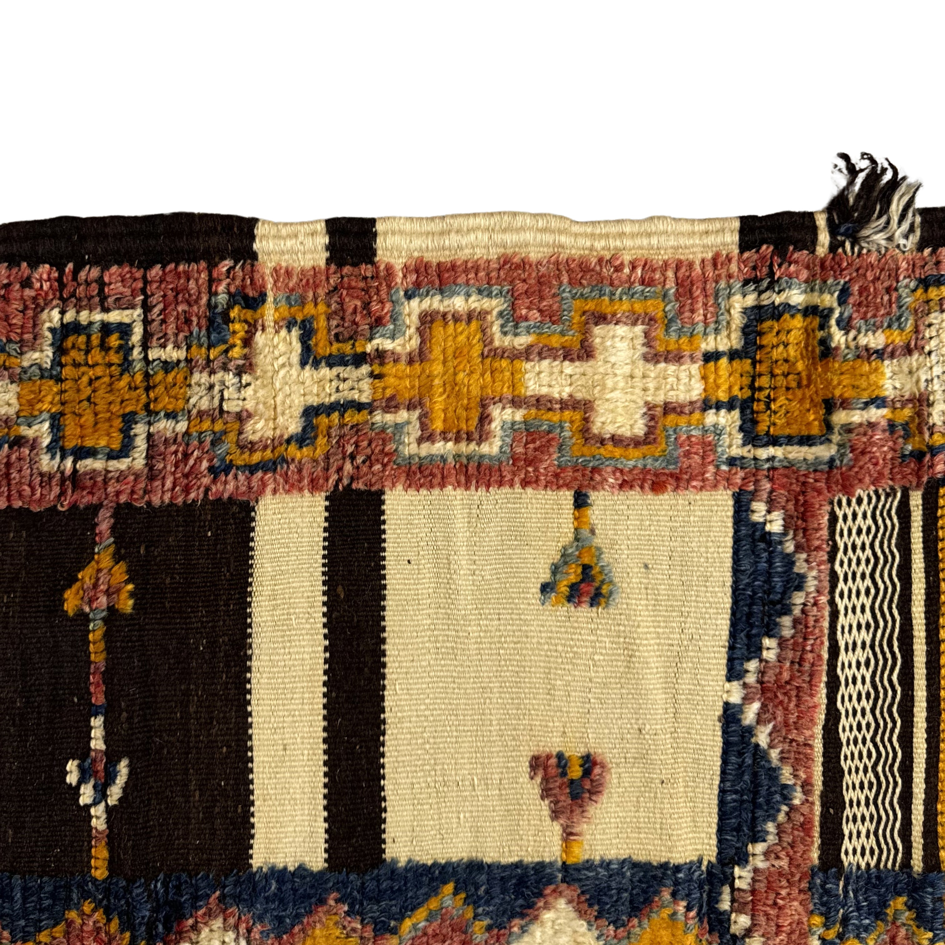 Close-up of a patterned rug with geometric designs in various colors.