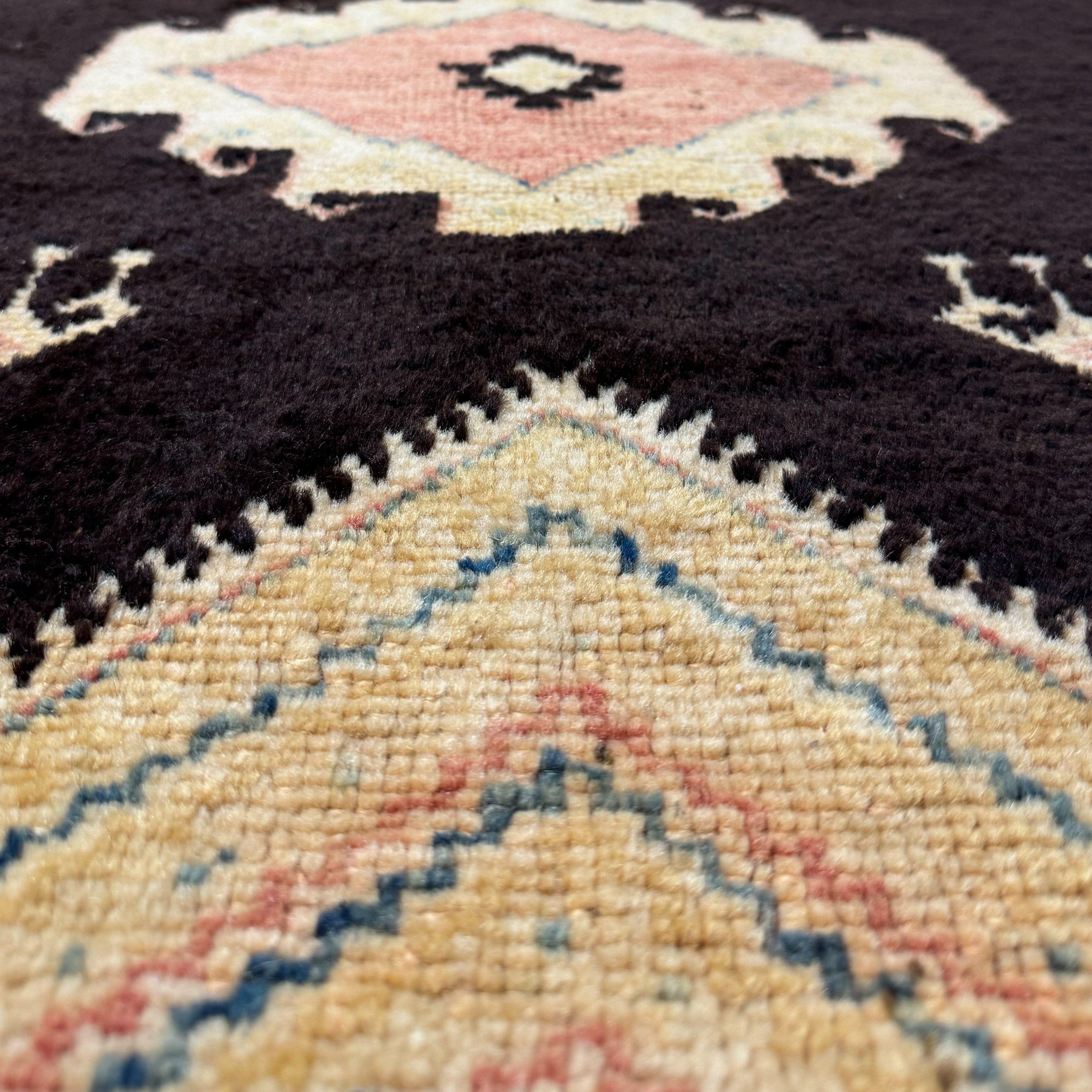 Close-up of a patterned rug with geometric designs.